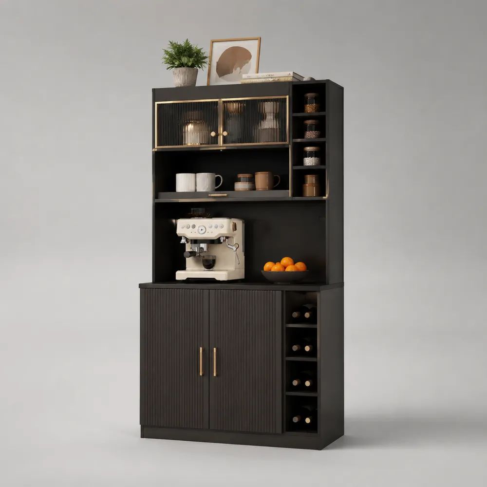 Küchenbuffet mit Weinschrank und Glasvitrine, Schwarz/Gold/Rauchgrau, 100 × 40 × 180 cm