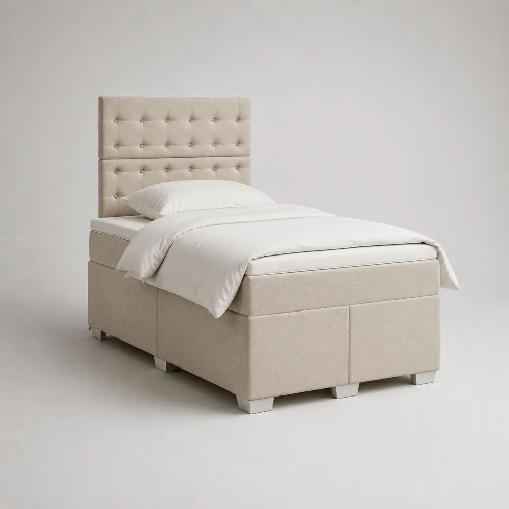 Boxspringbett mit Federkernmatratze, Topper und gepolstertem Kopfteil, Beige/Silber, 120 × 200 cm