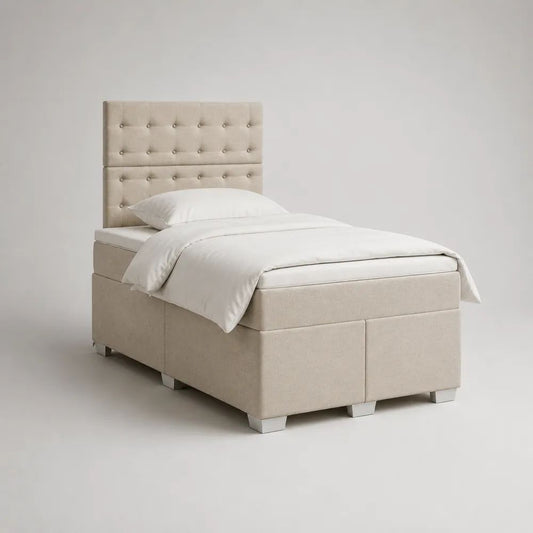 Boxspringbett mit Federkernmatratze, Topper und gepolstertem Kopfteil, Beige/Silber, 120 × 200 cm