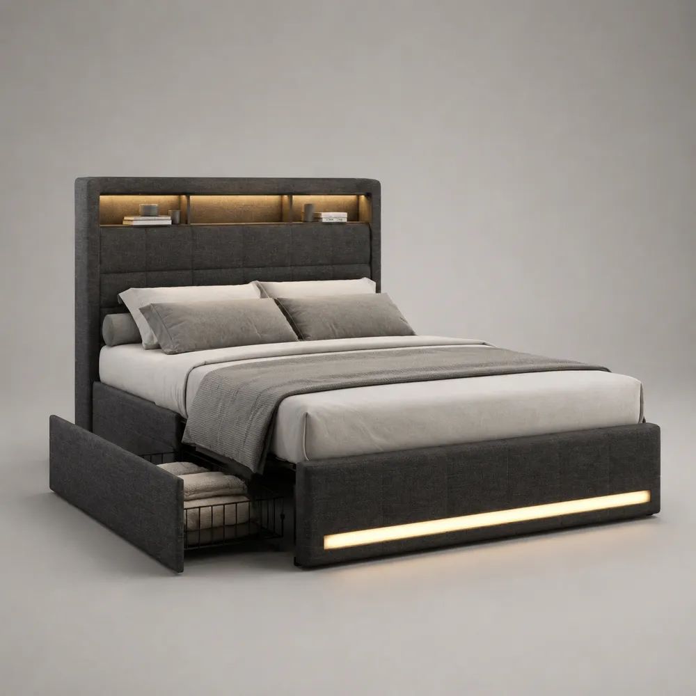 Polsterbett mit Stauraum und LED-Beleuchtung, 160 × 200 cm, Polyester, MDF und Stahl, Anthrazit/Schwarz