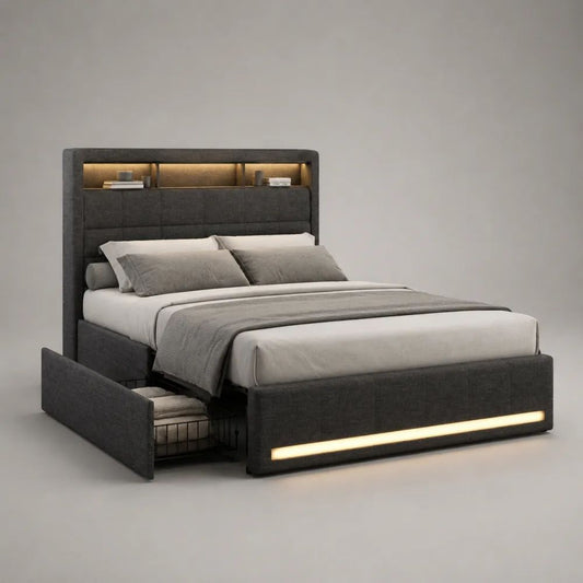 Polsterbett mit Stauraum und LED-Beleuchtung, 160 × 200 cm, Polyester, MDF und Stahl, Anthrazit/Schwarz