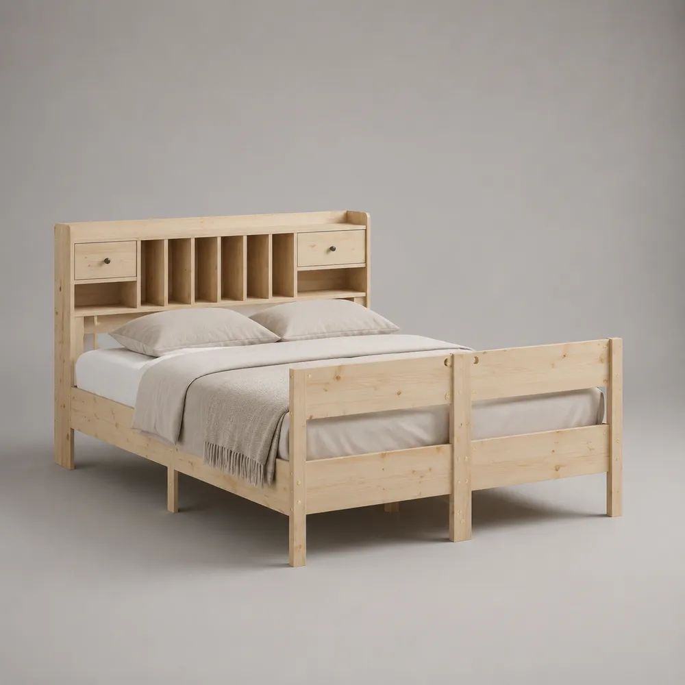 Doppelbett aus massivem Kiefernholz mit Stauraumkopfteil und Lattenrost, Natur, Liegefläche 160 × 200 cm