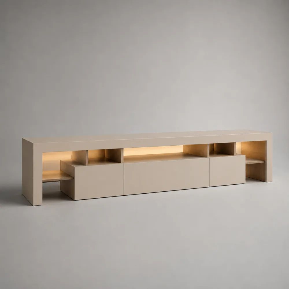 TV-Lowboard aus MDF mit Regal und LED-Beleuchtung, Beige, 300 × 40 × 80 cm