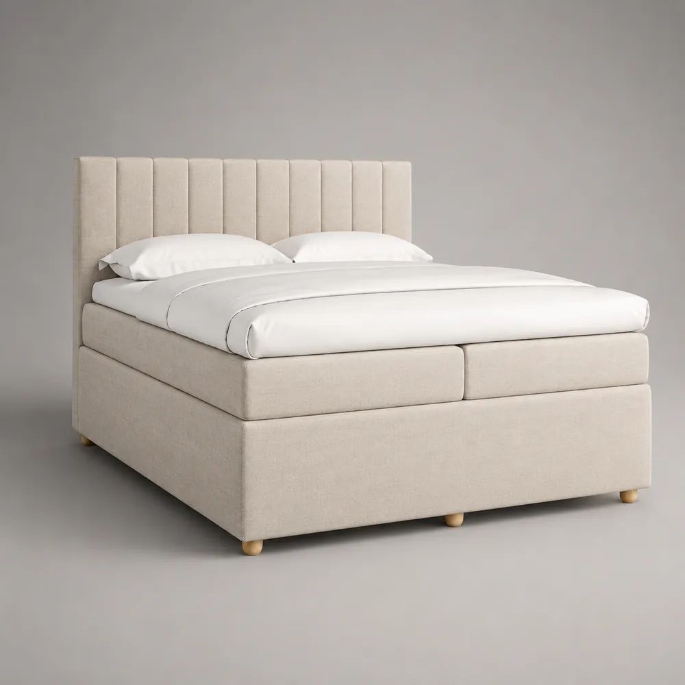 Boxspringbett 180 x 200 cm mit 2 Matratzen und gepolstertem Kopfteil, Polyesterbezug, Beige, 190 x 215 x 125 cm