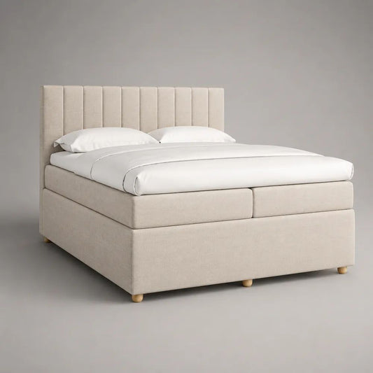 Boxspringbett 180 x 200 cm mit 2 Matratzen und gepolstertem Kopfteil, Polyesterbezug, Beige, 190 x 215 x 125 cm