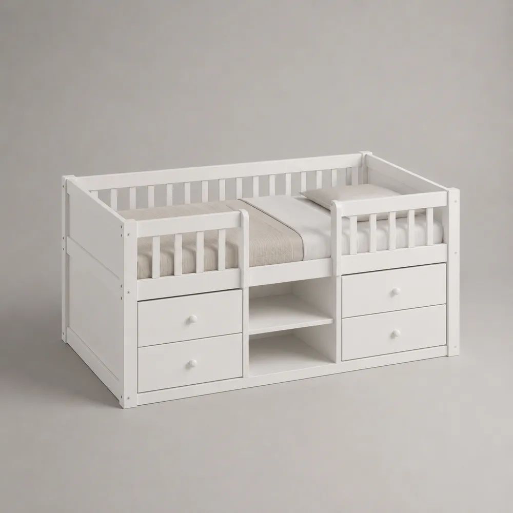 Kinderbett mit Stauraum, Rausfallschutz und Lattenrost aus Holz und MDF, 205 x 96 x 95 cm, Liegefläche 90 x 200 cm, Weiß