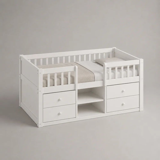 Kinderbett mit Stauraum, Rausfallschutz und Lattenrost aus Holz und MDF, 205 x 96 x 95 cm, Liegefläche 90 x 200 cm, Weiß