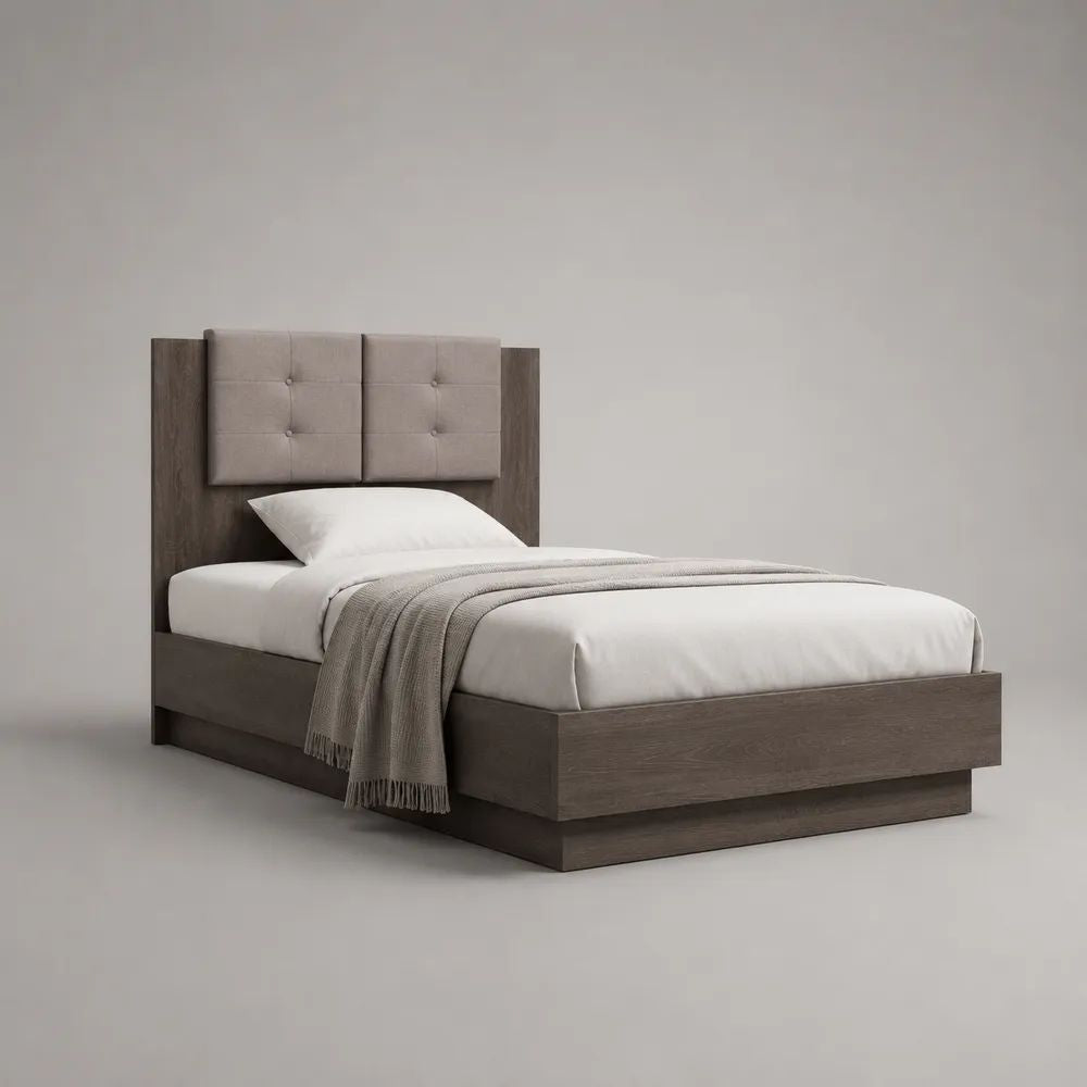 Einzelbett 90 × 200 cm aus melaminbeschichteter Spanplatte mit gepolstertem Kopfteil, Taupe/Dunkelbraun