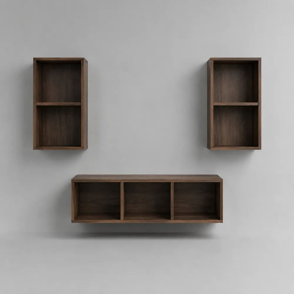 3-teiliges Wandregal aus MDF mit Walnussfurnier, 2 Regale 30 × 18 × 60 cm und 1 Regal 90 × 18 × 30 cm, Dunkelbraun