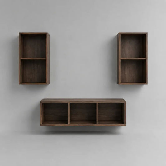 3-teiliges Wandregal aus MDF mit Walnussfurnier, 2 Regale 30 × 18 × 60 cm und 1 Regal 90 × 18 × 30 cm, Dunkelbraun