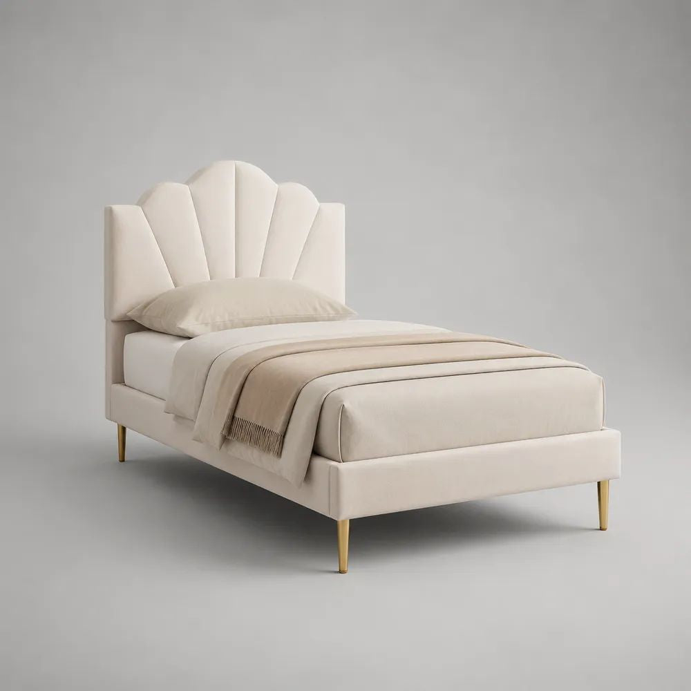 Polsterbett 90 × 200 cm, Gesamtmaß 215 × 105 × 140 cm, Creme/Gold, mit fächerförmigem Kopfteil und Stahlbeinen