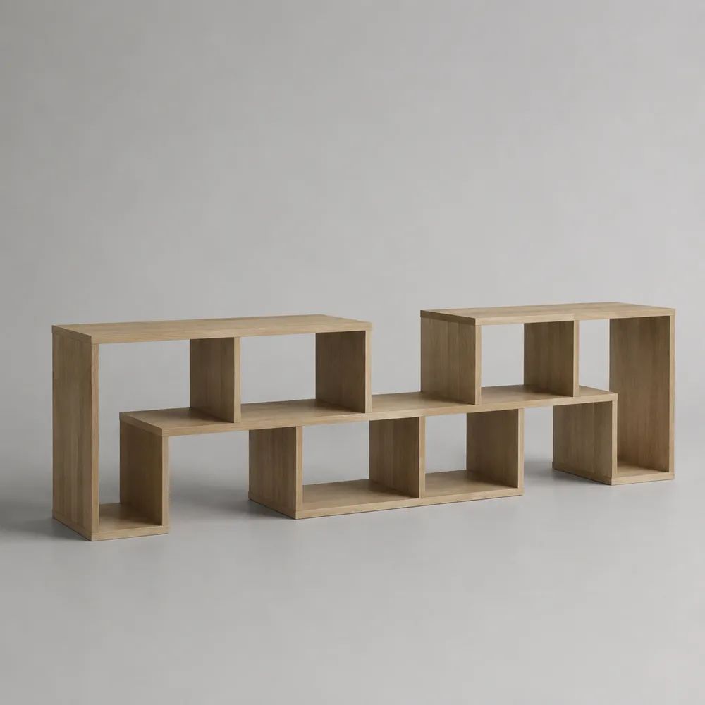 Stufenförmiges Bücherregal und Raumteiler aus melaminbeschichteter Spanplatte, Eiche Natur, 200 × 30 × 70 cm