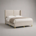 Polsterbett Doppelbett 180 x 200 cm mit Lattenrost und hohem Flügelkopfteil, Beige/Gold