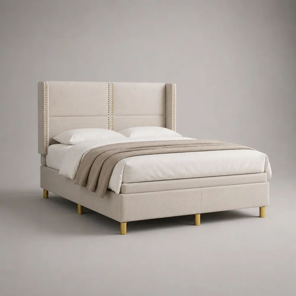 Polsterbett Doppelbett 180 x 200 cm mit Lattenrost und hohem Flügelkopfteil, Beige/Gold