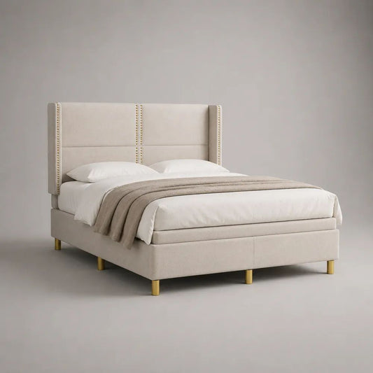 Polsterbett Doppelbett 180 x 200 cm mit Lattenrost und hohem Flügelkopfteil, Beige/Gold