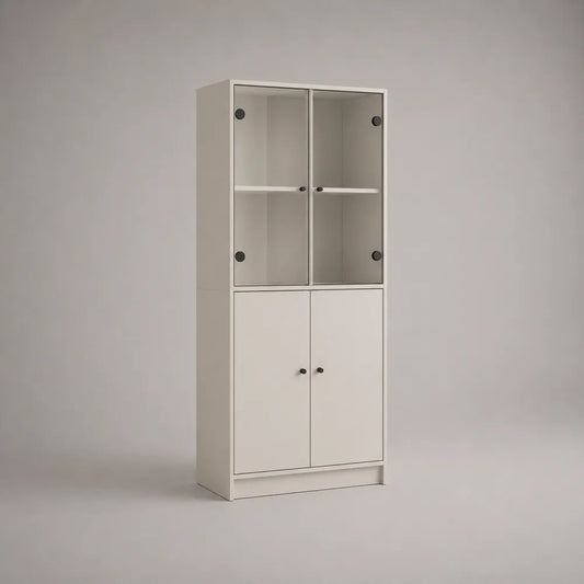 Küchenbuffet Vitrinenschrank aus melaminbeschichteter Spanplatte mit 4 Drehtüren, Weiß, 60 × 30 × 180 cm