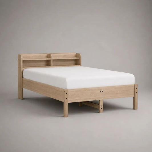 Doppelbett aus Holz mit Regal-Kopfteil und Eichenfurnier, Natur, Liegefläche 140 x 200 cm, Gesamtmaß 217 x 146 x 95 cm