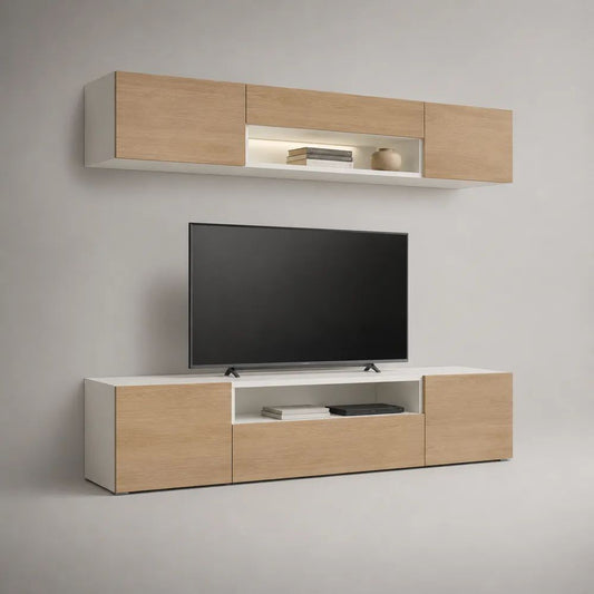Zweiteilige Wohnwand aus MDF mit Eichenfurnier, Weiß/Eiche Natur, 220 × 42 × 190 cm