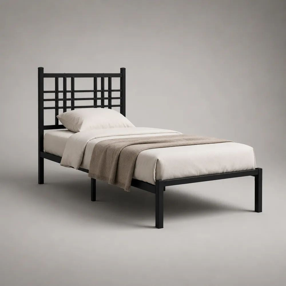Metallbett Einzelbett mit pulverbeschichtetem Stahlrahmen und Lattenrost, Liegefläche 90 x 200 cm, Gesamtmaß 208 x 96 x 110 cm, Schwarz
