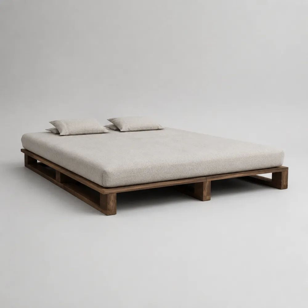 Futonbett 200 × 200 cm, 4-teiliges Set aus massivem Kiefernholz mit Schaumstoffmatratze und 2 Kissen, Dunkelbraun/Cremeweiß