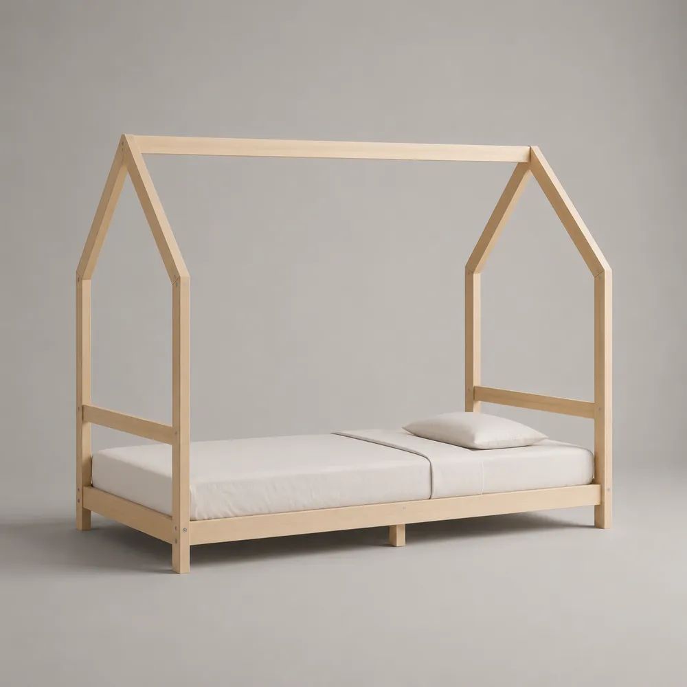 Kinder-Hausbett 90 × 200 cm aus massivem Kiefernholz, Natur, mit Lattenrost