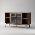 Küchenbuffet-Sideboard aus MDF mit Walnussfurnier, Walnussbraun/Grau, 2 Riffelglastüren und 4 offene Fächer, 140 x 40 x 80 cm
