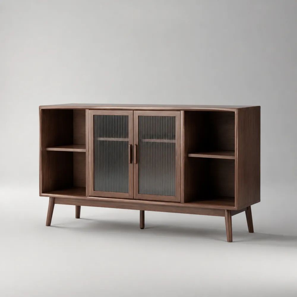 Küchenbuffet-Sideboard aus MDF mit Walnussfurnier, Walnussbraun/Grau, 2 Riffelglastüren und 4 offene Fächer, 140 x 40 x 80 cm
