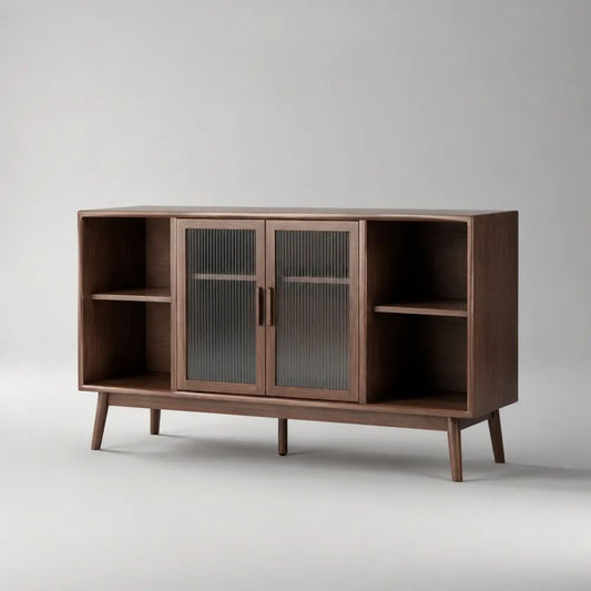 Küchenbuffet-Sideboard aus MDF mit Walnussfurnier, Walnussbraun/Grau, 2 Riffelglastüren und 4 offene Fächer, 140 x 40 x 80 cm