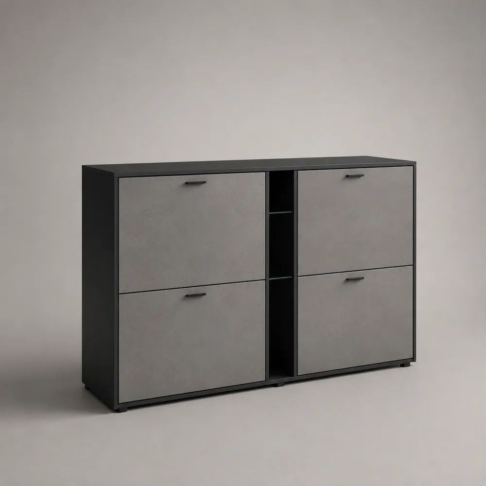 Schuhschrank mit 4 Klappen und 3 offenen Fächern aus melaminbeschichteter Spanplatte, Schwarz/Grau, 140 × 25 × 90 cm