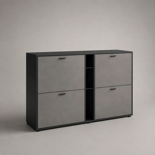 Schuhschrank mit 4 Klappen und 3 offenen Fächern aus melaminbeschichteter Spanplatte, Schwarz/Grau, 140 × 25 × 90 cm