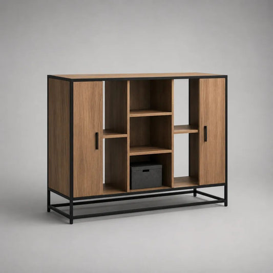 Küchen- und Buffetschrank mit 2 Türen und 7 offenen Fächern aus Spanplatte und Stahl, Eichefarben/Schwarz, 140 × 40 × 100 cm