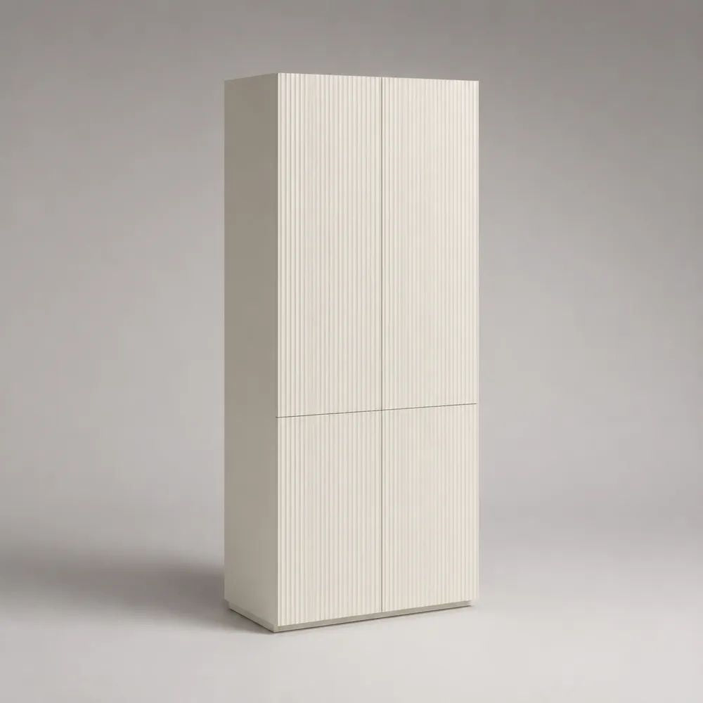 Schuhschrank aus Holz mit 4 Türen und 6 Fächern, geriffelte Front, Weiß, 80 × 35 × 180 cm