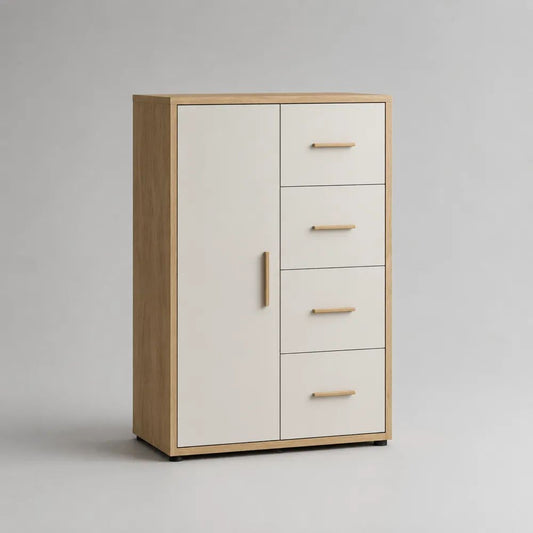 Küchenbuffet aus Holz mit 1 Tür und 4 Schubladen, Eichefarben/Weiß/Schwarz, 80 × 40 × 120 cm