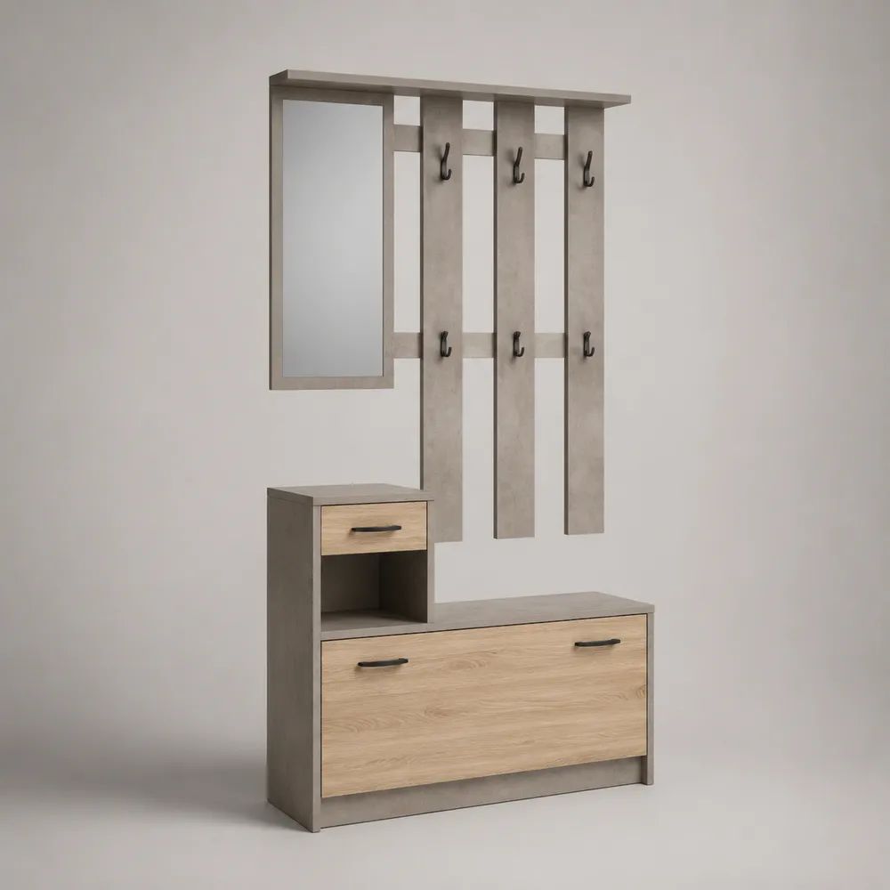 Garderobenset aus melaminbeschichteter Spanplatte mit Schuhschrank, Spiegel und 6 Doppelhaken, Betongrau/Eichefarben/Schwarz, 100 × 35 × 190 cm