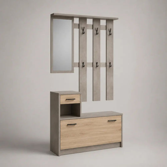 Garderobenset aus melaminbeschichteter Spanplatte mit Schuhschrank, Spiegel und 6 Doppelhaken, Betongrau/Eichefarben/Schwarz, 100 × 35 × 190 cm