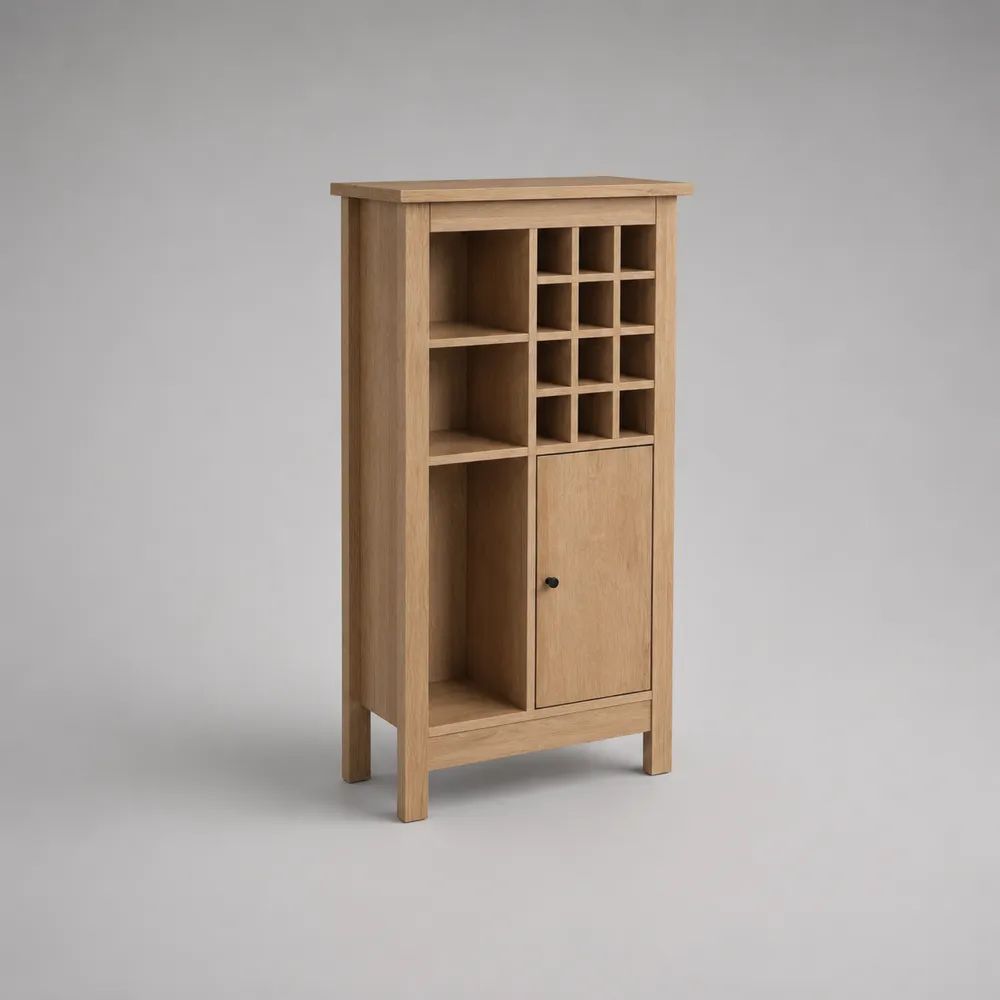Weinschrank aus Holz und MDF mit 12 Flaschenfächern und Türfach, Hellbraun/Schwarz, 75 × 35 × 150 cm