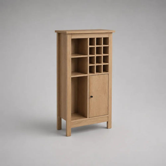Weinschrank aus Holz und MDF mit 12 Flaschenfächern und Türfach, Hellbraun/Schwarz, 75 × 35 × 150 cm